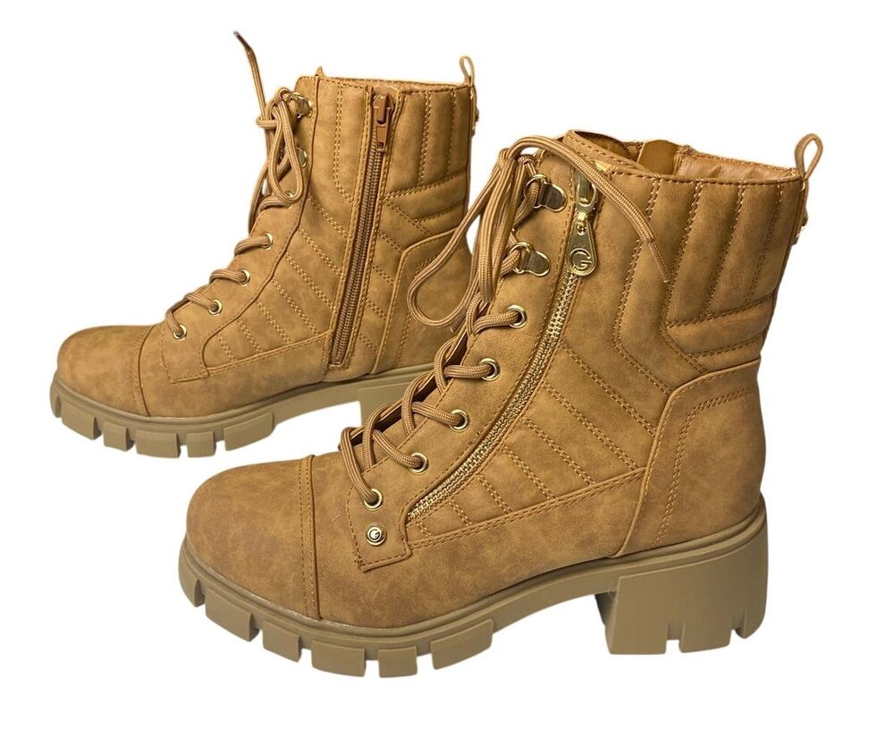 G by Guess Arisa Tan/Brown Side Zipper Block Heel Combat Boots Women's Size 8.5